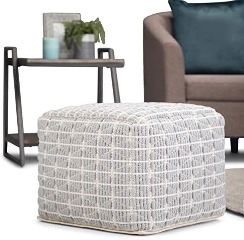 SIMPLIHOME Noreen Square Pouf, Footstool, Upholstered in Light Blue and White Cotton Handloom Woven  | Amazon (US)