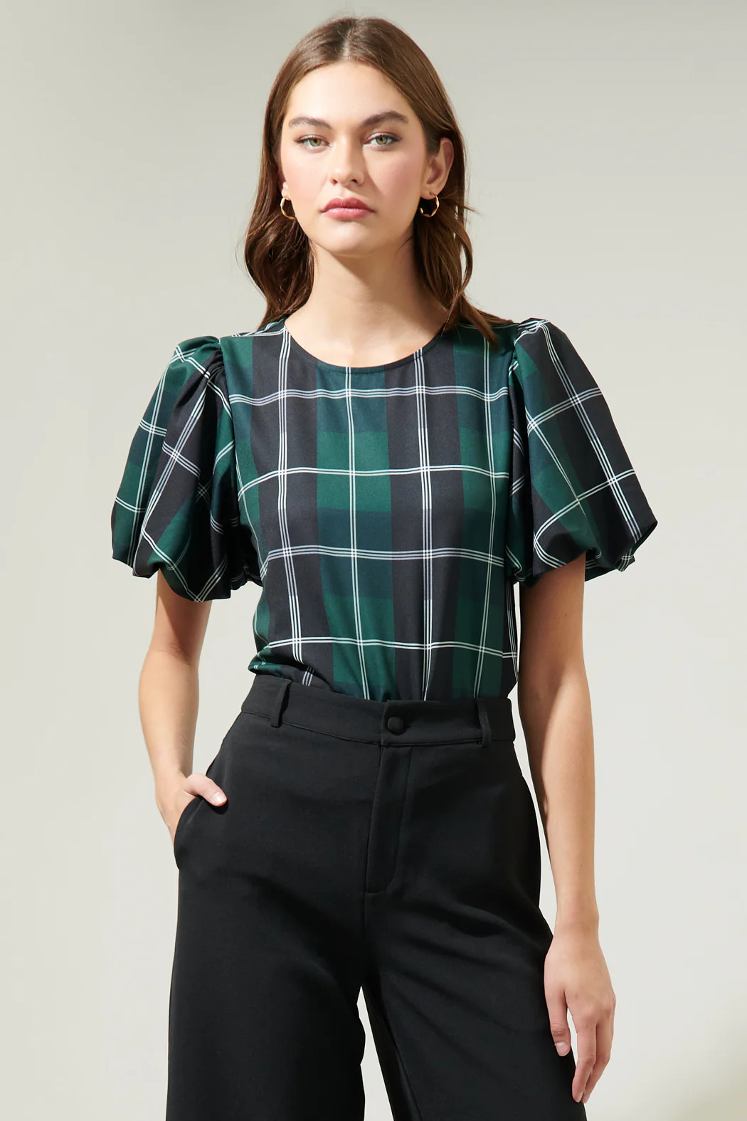 Sweet Beyond Plaid Puff Sleeve Blouse | Sugarlips