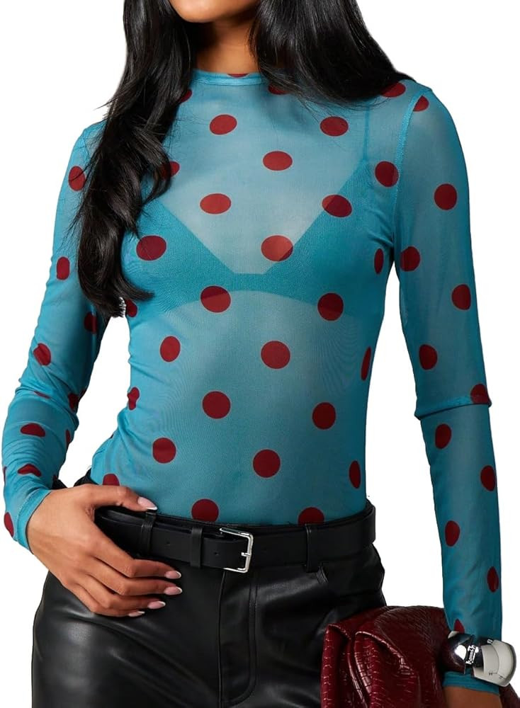Mesh Lace Long Sleeve Tops for Women Polka Dot Mesh Sheer Sexy Tops for Women Lace Mesh Sheer Top... | Amazon (US)