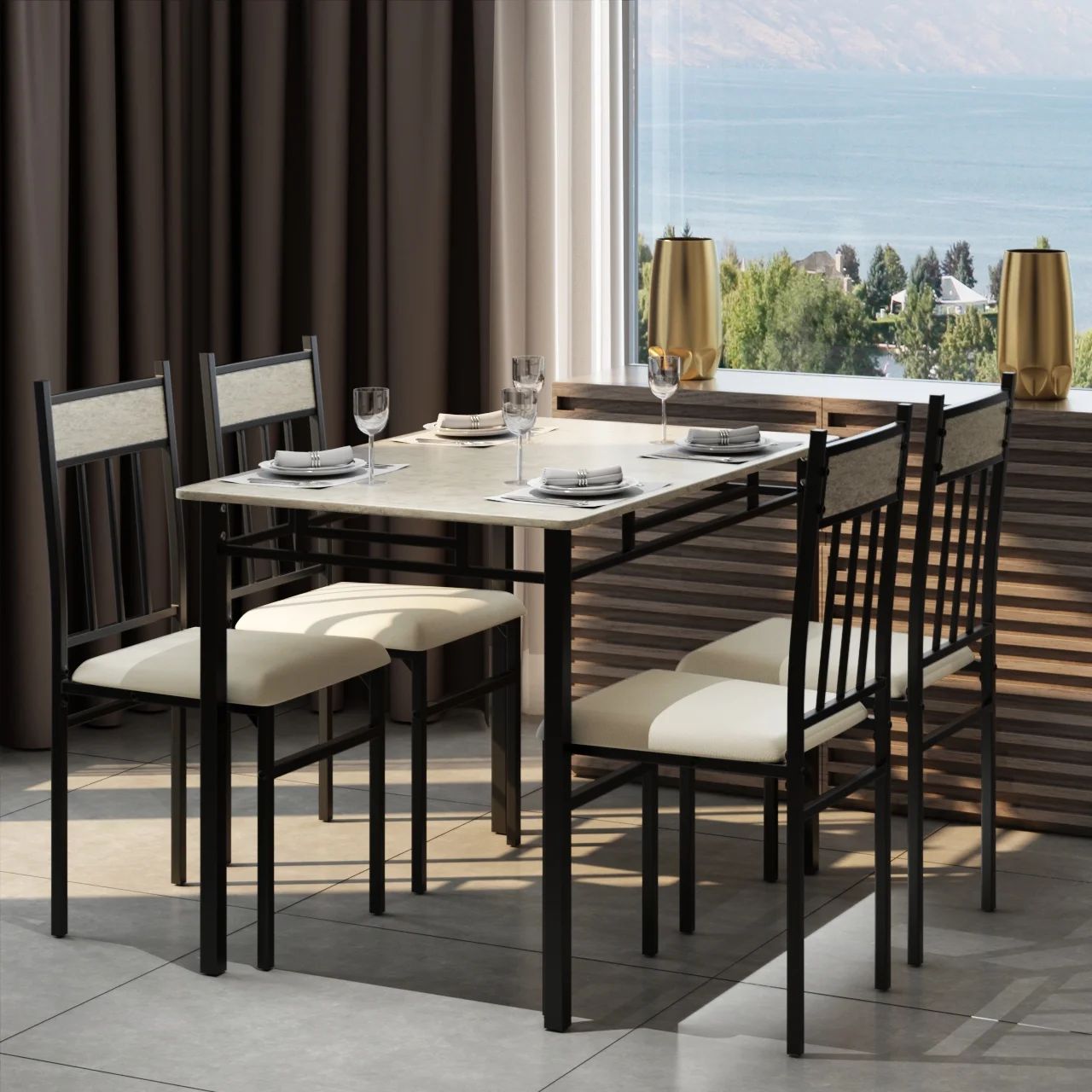 Costway 5 Piece Faux Marble Dining Set Table and 4 Chairs Kitchen Breakfast Furniture | Walmart (US)