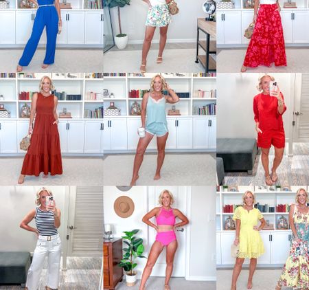 Weekly outfit roundup:
1. Blue jumpsuit - size small.
2. Square neck tee - size small // printed skort - size small.
3. White tank - size small // printed wide leg pants - size small.
4. Dark orange tank maxi - size small.
5. Pajama set - size small.
6. Red eyelet top - size XS // red eyelet shorts - size XS.
7. Striped tank - size XS //
White pants - size 2.
8. Pink swimsuit - size small.
9. Yellow eyelet dress - size small. 
10. Yellow floral maxi - size small.

#LTKSeasonal #LTKFindsUnder100 #LTKStyleTip