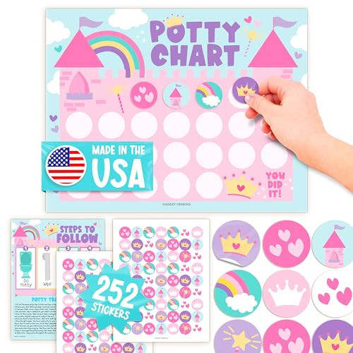 Hadley Designs Potty Training Chart for Toddlers Girls -10 Sticker Potty Chart for Toddlers Girls, 8.5x11" Potty Training Sticker Charts for Toilet Success, Princess Toddler Reward Chart for Kids | Amazon (US)