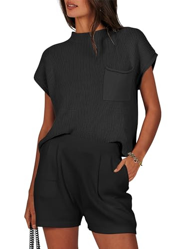 ANRABESS Women's Two Piece Summer Outfits Knit Sweater Short Sets Pullover Tops & Shorts Lounge Matching Clothes Set Black Large | Amazon (US)