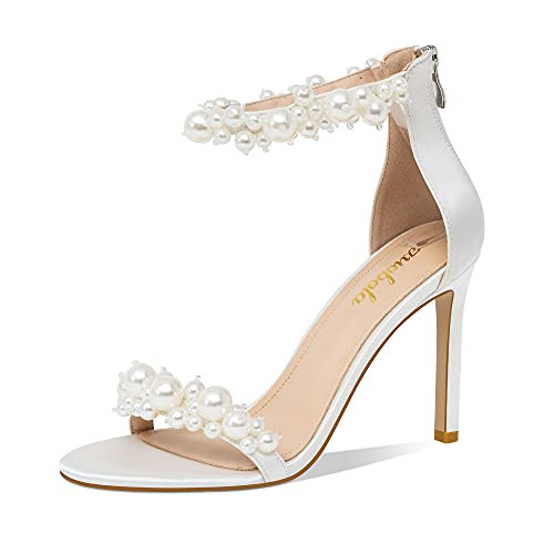 Odetina Women's White Heeled Sandals with Pearl Decoration Stiletto Heels Open Toe Back Zipper Wedding Sexy Elegant Summer High Heels Evening Party Shoes (white,8.5) | Amazon (US)