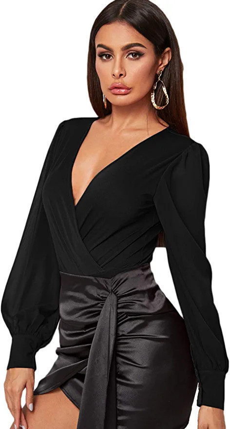 WDIRARA Women's Deep V Neck Long Sleeve Solid Wrap Surplice Bodysuit | Amazon (US)