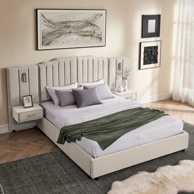 Queen Velvet Upholstered Platform Bed with Headboard & Solid Frame, Button-Tufted Vertical Stripe Design, Bedside Table, No Box Spring - Beige | Wayfair North America