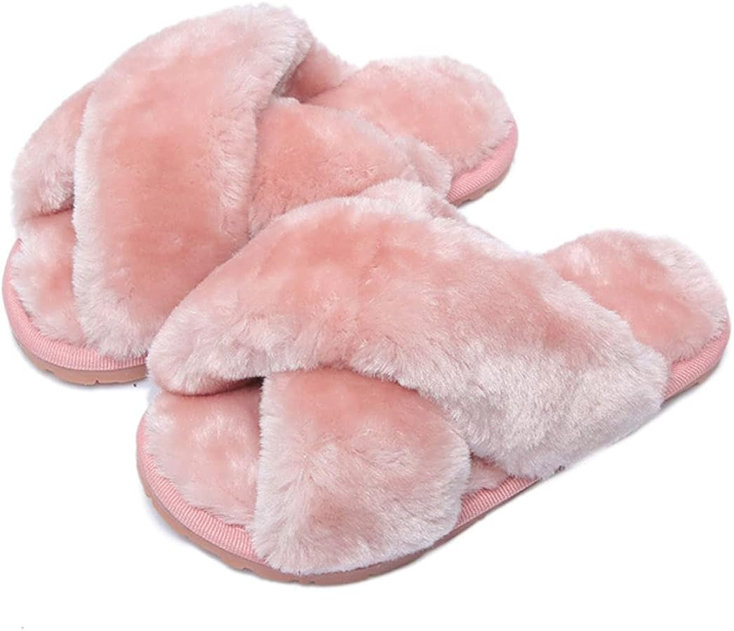 Girls Fluffy Cute Fuzzy Slippers - Open Toe Warm Fur Slides Cross Band Plush Slip on House Indoor... | Amazon (US)