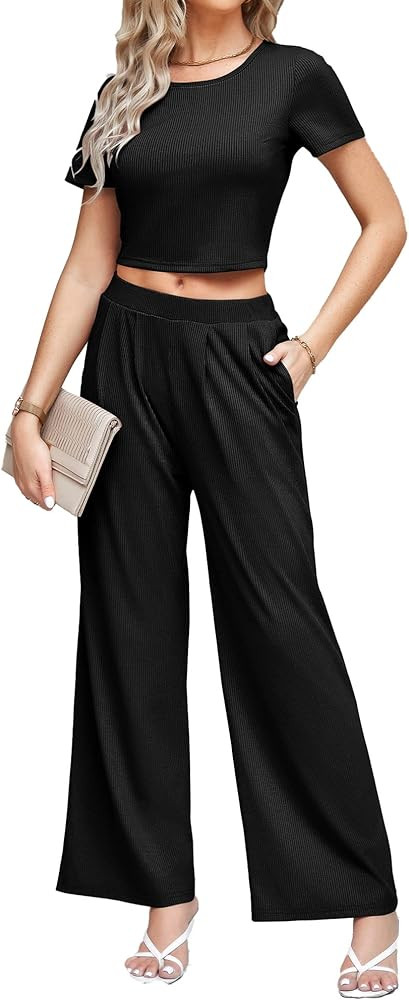 BTFBM Women's Two Piece Lounge Set Long Sleeve Bodycon Ribbed Knit Crop Top Loose Wide Leg Pant C... | Amazon (US)