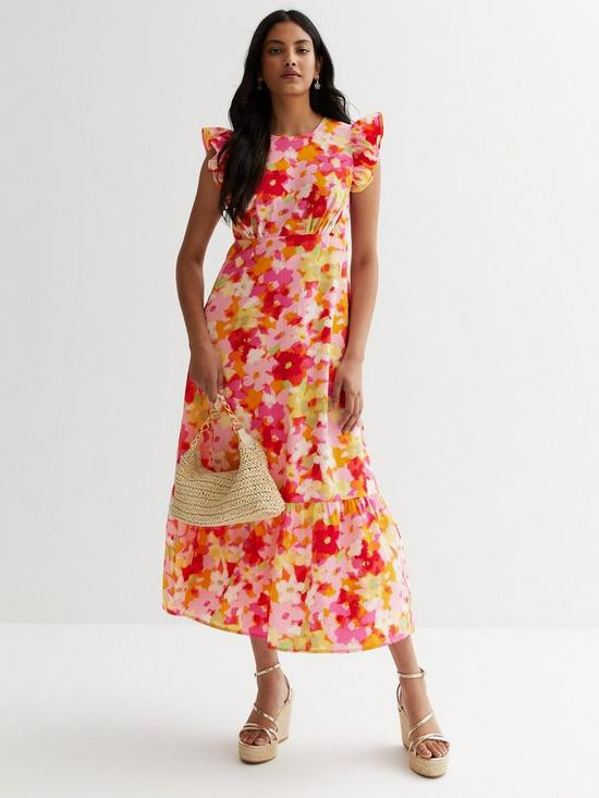 New Look Floral Frill Sleeve Midi Dress - Pink | Very (UK)