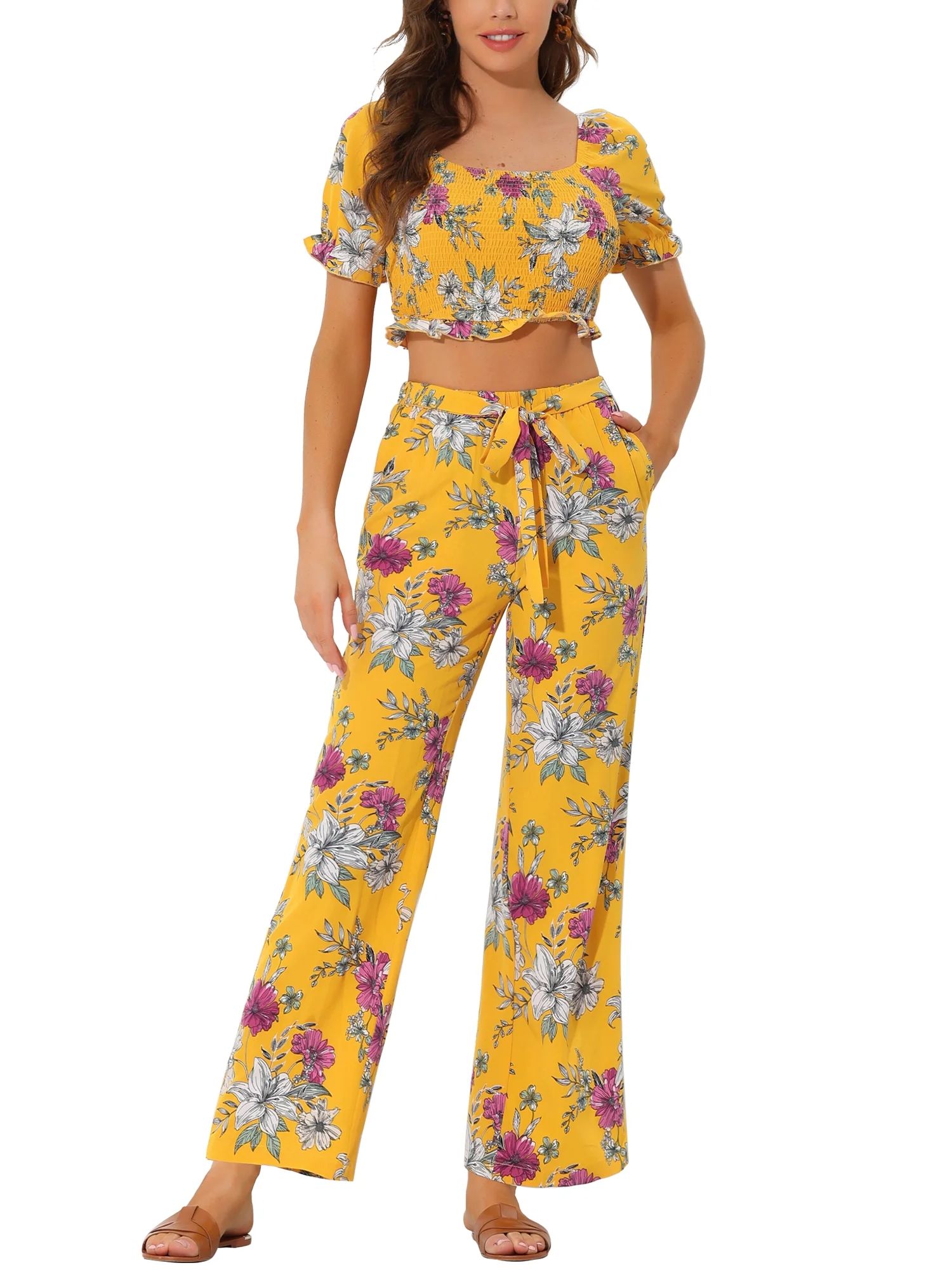 Allegra K Women's Floral Square Neck Crop Blouse and Tie Waist Wide Leg Pants Set | Walmart (US)