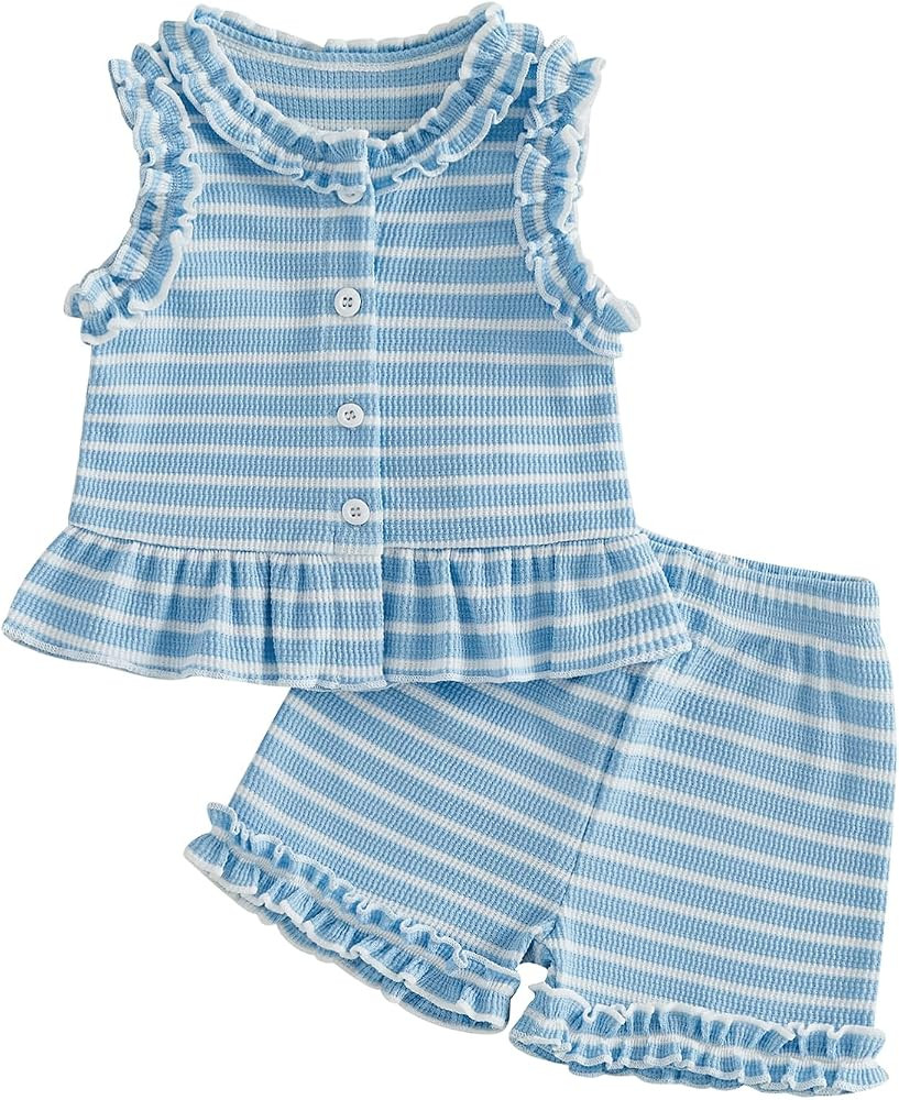 WZTYYDS Toddler Baby Girl Clothes Summer Sleeveless Ruffle Tops Buttons Shirt Shorts Set Waffle K... | Amazon (US)