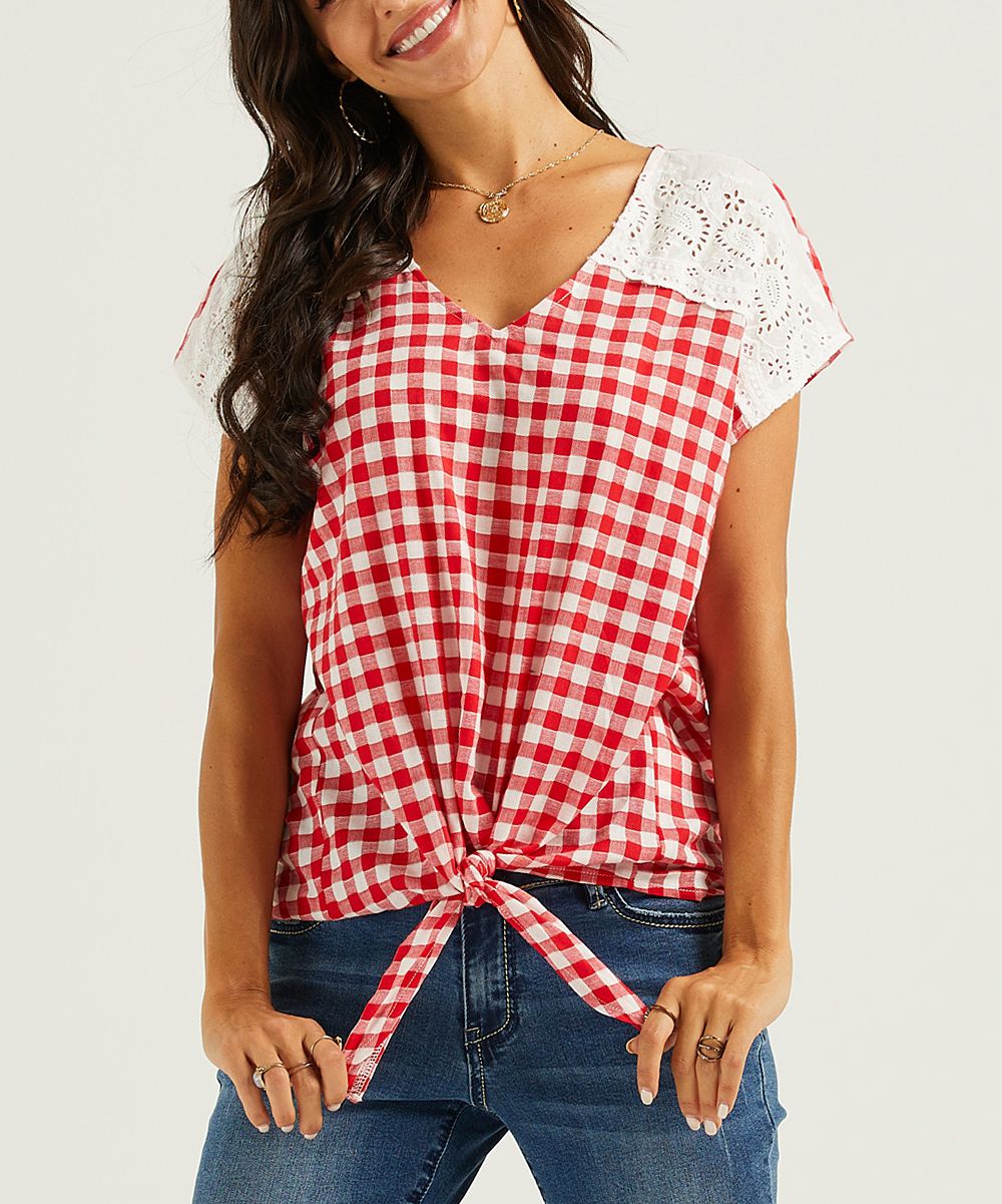 Suzanne Betro Weekend Women's Blouses 102RED/WHITE - Red & White Gingham Lace Tie-Hem V-Neck Top - W | Zulily