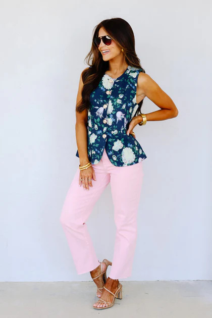 Margo Floral Dark Navy Sleeveless Top | The Willow Tree
