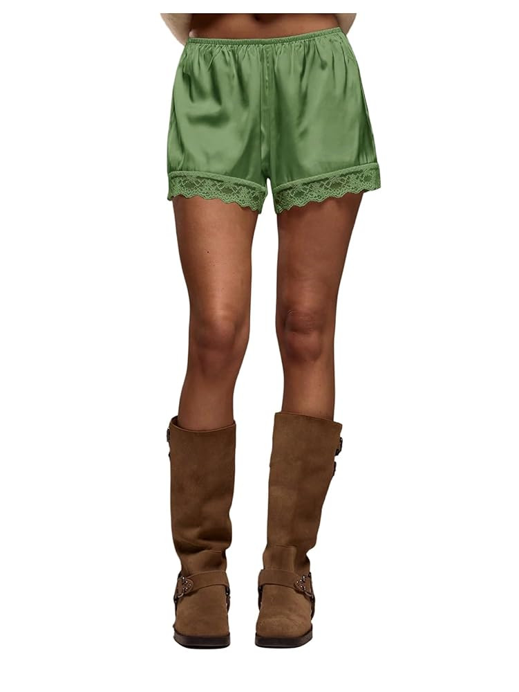 Women's Lace Trim Satin Shorts Shiny Elastic Waist Mini Shorts French Knickers | Amazon (US)