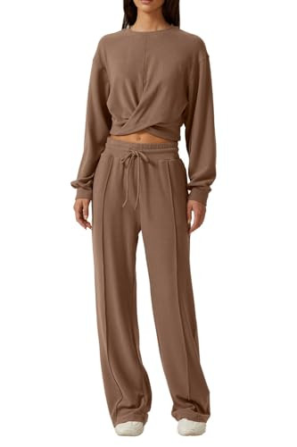 QINSEN Women 2 Piece Outfits Sweatsuit Set Twist Front Cropped Sweatshirt Wide Leg Sweatpant Loun... | Amazon (US)