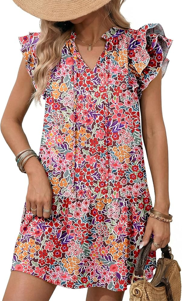 Dokotoo Womens Summer Dresses 2026 V-Neck Drawstring Ruffle Cap Short Sleeve Side Pockets Mini Dr... | Amazon (US)