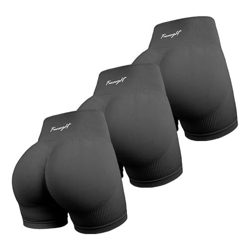 FRESOUGHT Biker Shorts Women Tummy Control Seamless Black Workout Spandex Gym Yoga Ribbed Shorts 3Black M | Amazon (US)