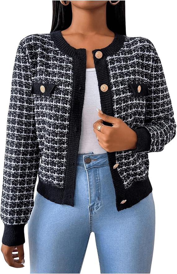 MakeMeChic Women's Plaid Print Crew Neck Button Down Long Sleeve Cardigan Sweater | Amazon (US)