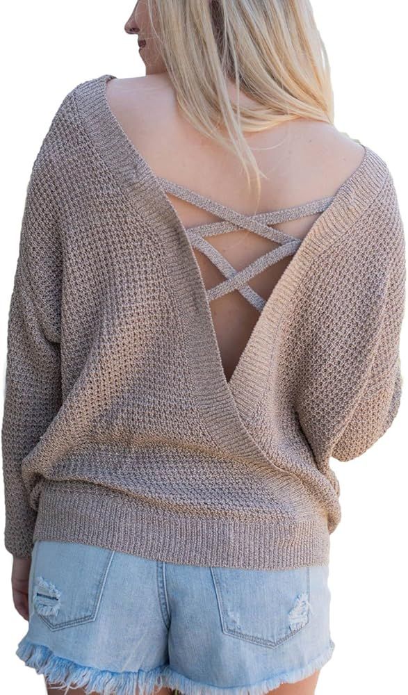 ZKESS Women Loose Round Neck V Criss Cross Backless Long Sleeve Knit Pullover Sweater Jumper Tops | Amazon (US)