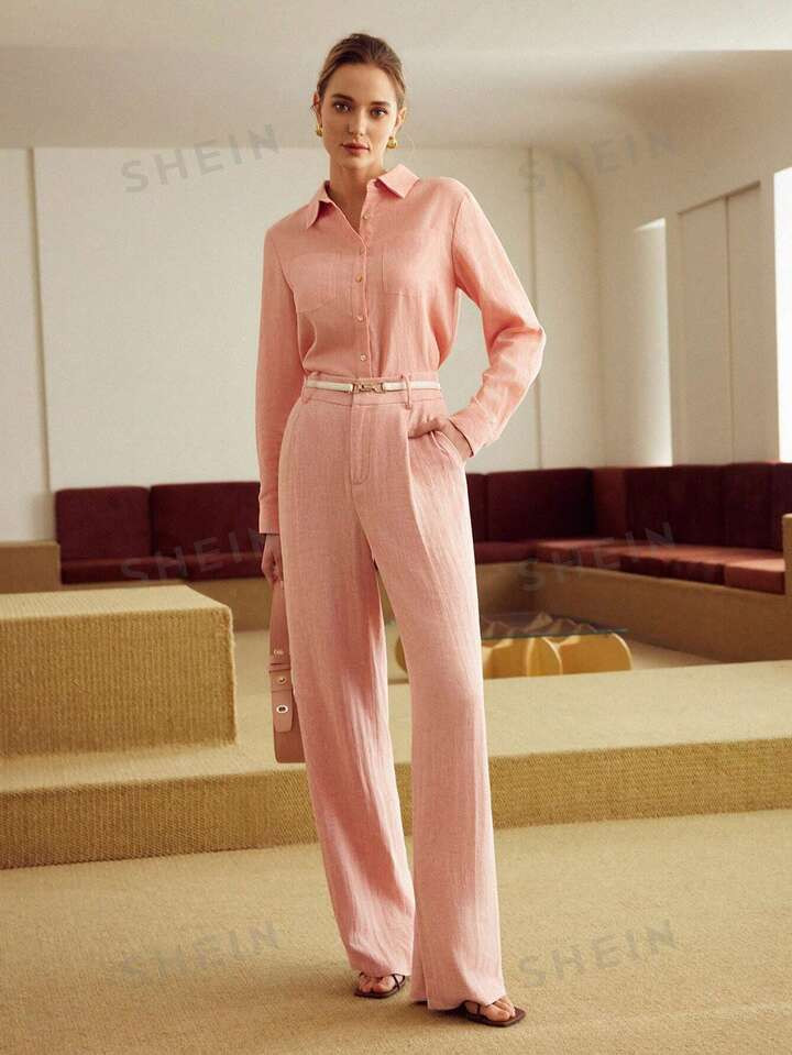 MOTF PREMIUM LINEN SOLID COLOR ZIPPER FLY WIDE LEG SUIT PANTS | SHEIN