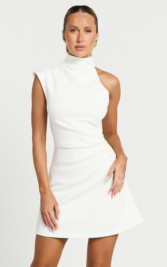 Rubie Mini Dress - High Neck Asymmetrical One Shoulder Dress in Off White | Showpo (US, UK & Europe)