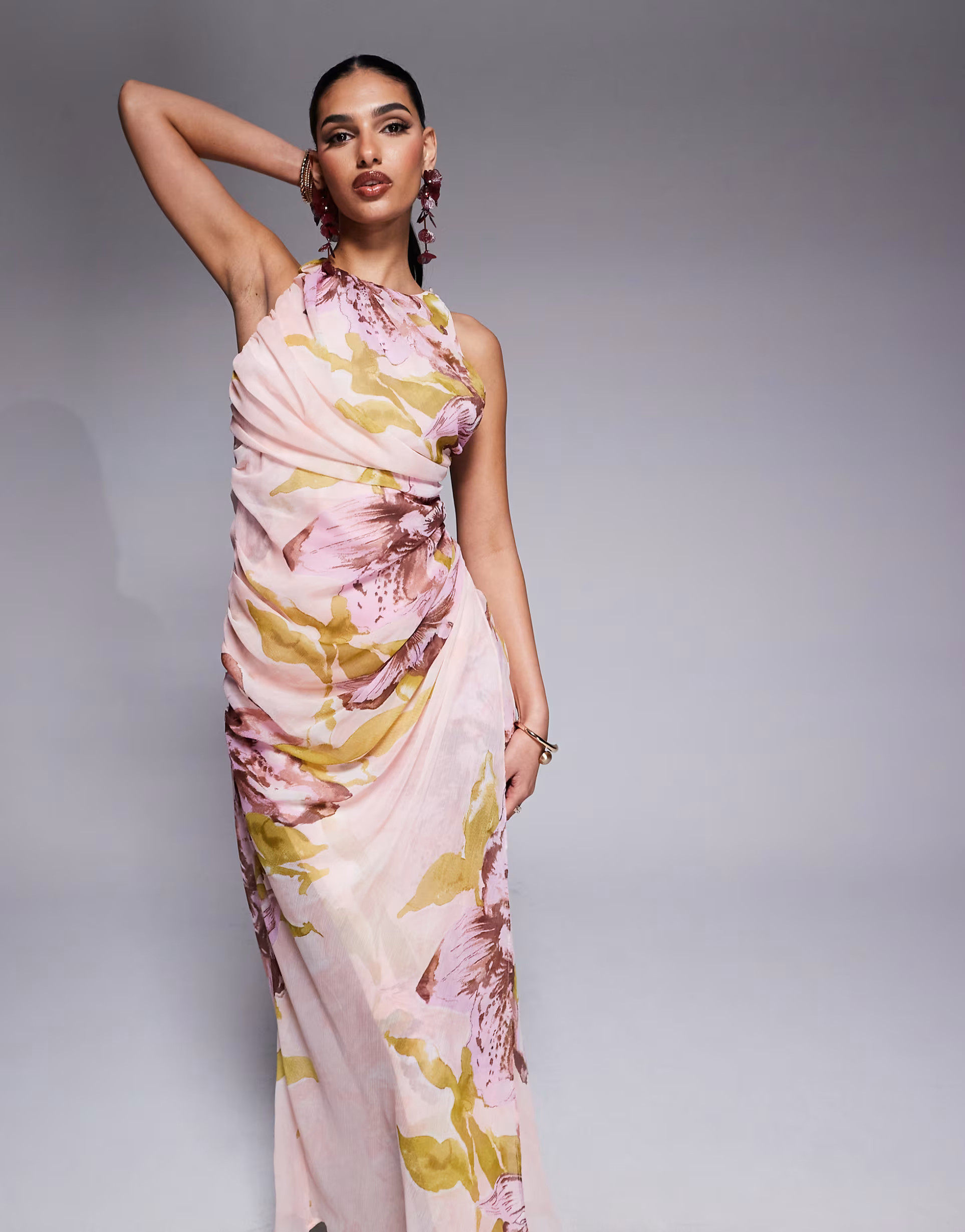 ASOS DESIGN drape asymmetric open back maxi dress in oversized pink floral print | ASOS (Global)
