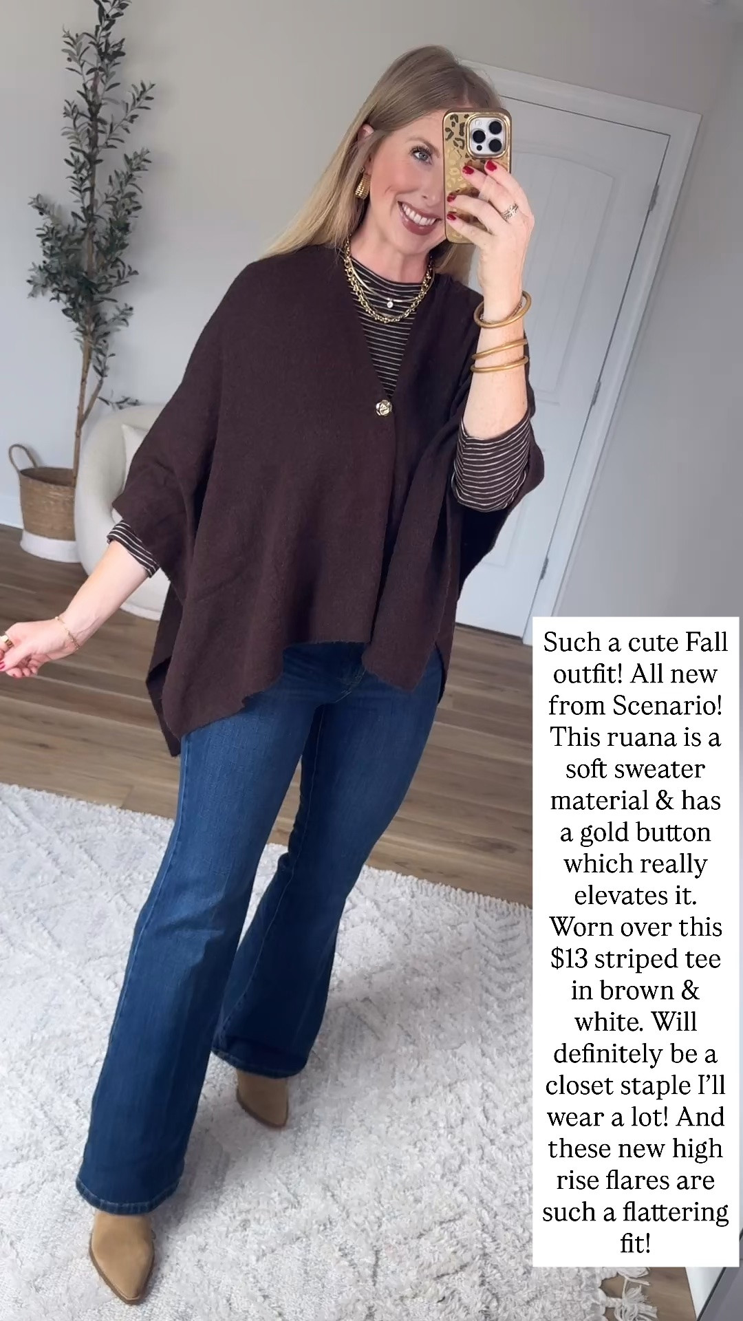 Walmart outfit- ruana and striped tee with flare jeans

#LTKootd