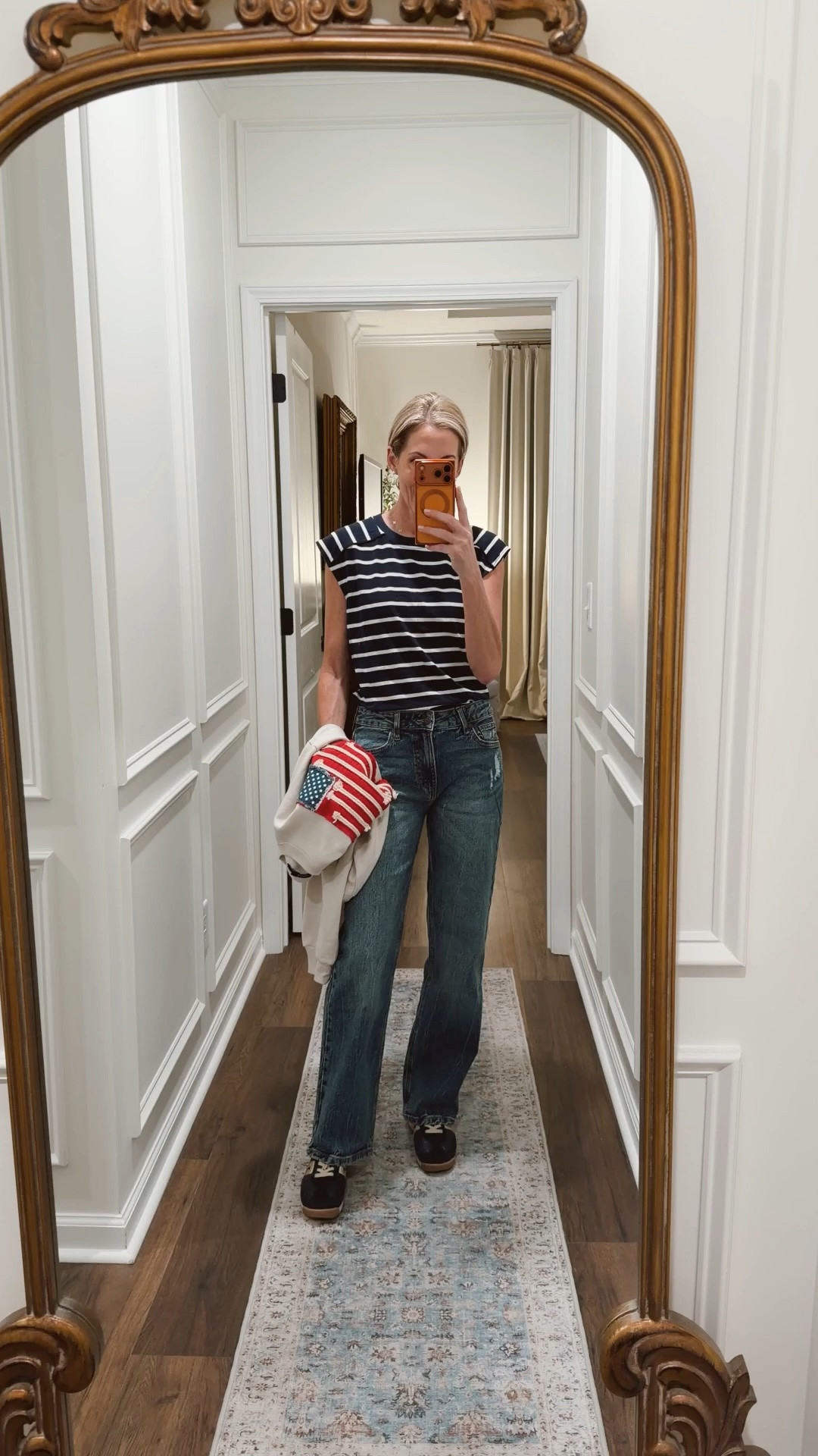 Today’s OOTD are these new Walmart- cute striped top, and this viral flag sweatshirt all under $30. 
Size extra small in top
Size small in sweatshirt 
Size one in jeans