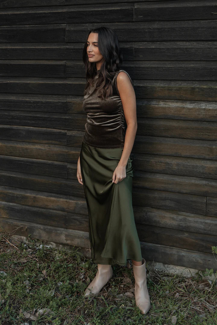 Nellie Satin Midi Skirt - Olive | Petal & Pup (US)
