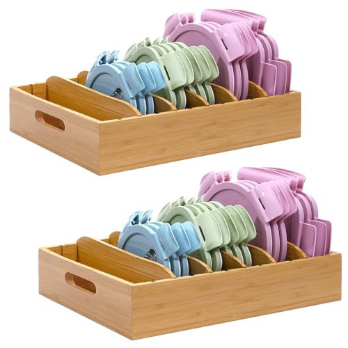 XiaoyuziTF 2 Pack Bamboo Lid Holder Food Container, Kitchen Organizer with 5 Adjustable Dividers, Cabinet Organizer for Food, Kitchen Gadget, Container Lids | Amazon (US)