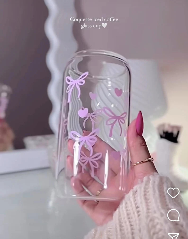 16oz Little Bow Ribbon Glass |bow Ribbon Can Glass |aesthetic Cold Glass| Iced Coffee Glass | - E... | Etsy (US)