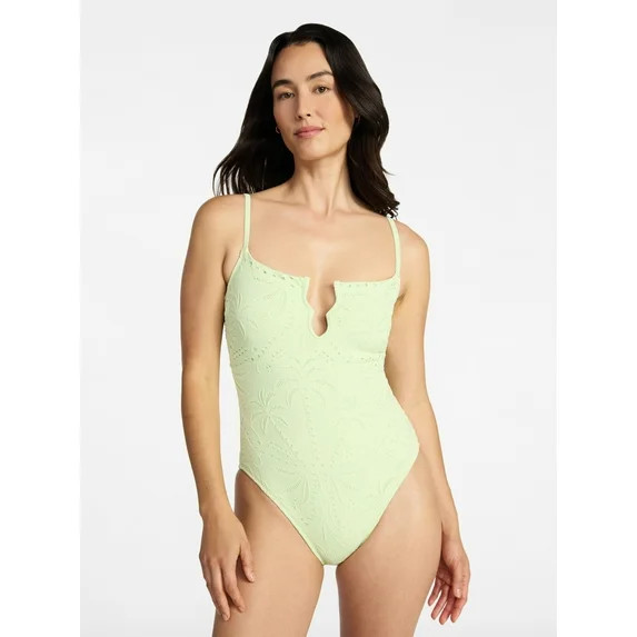 Time and Tru Women's and Women's Plus Size Eyelet Embroidered V Wire One Piece Swimsuit, Sizes XS... | Walmart (US)