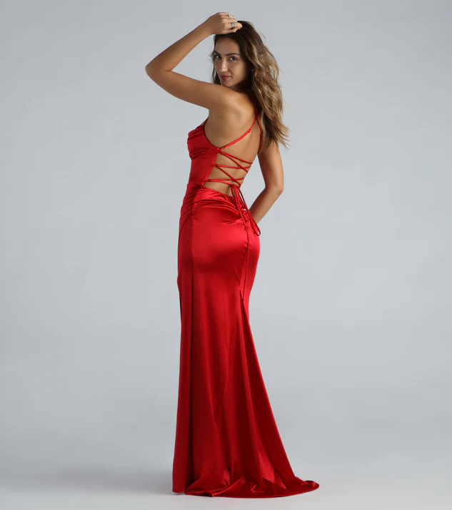 Melinda Formal Satin Lace-Up Mermaid Dress | Windsor Stores