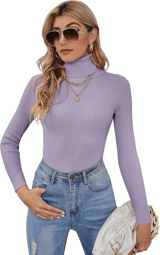 SweatyRocks Women's Long Sleeve Turtleneck Ribbed Knit Pullover Sweater Top Lilac Purple S at Ama... | Amazon (US)
