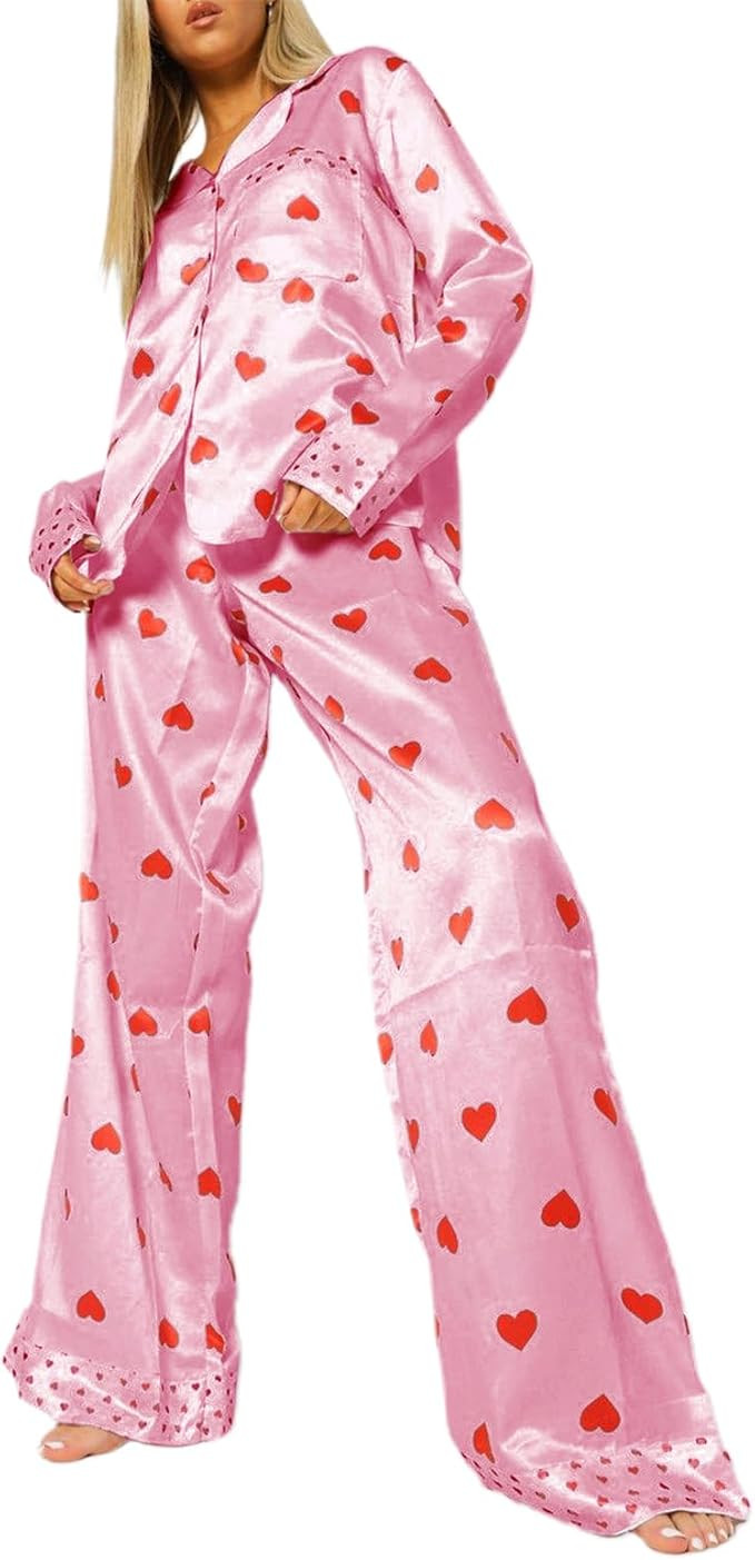 Argeousgor Women Cute Heart Silk Satin Pajamas Set Button Down Shirt Pants Cute Heart Print Pjs L... | Amazon (US)