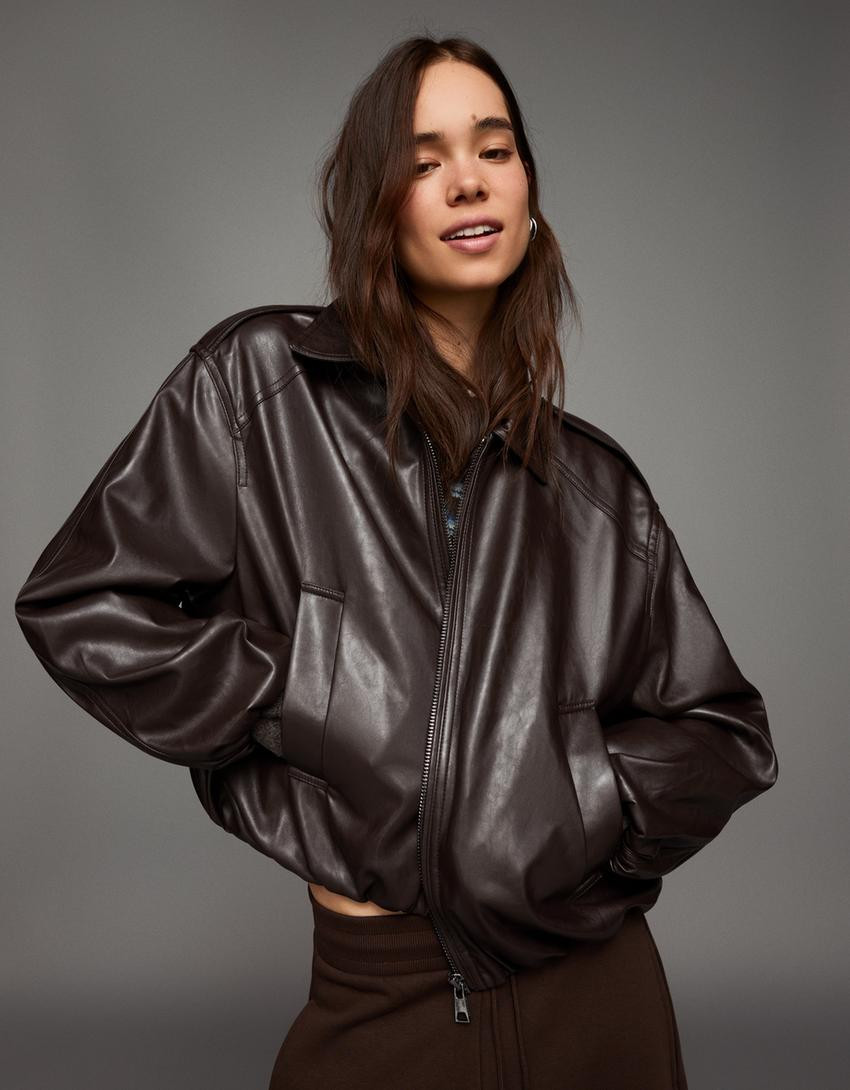 Leather effect balloon jacket - Jackets and trench - Women | Bershka GB