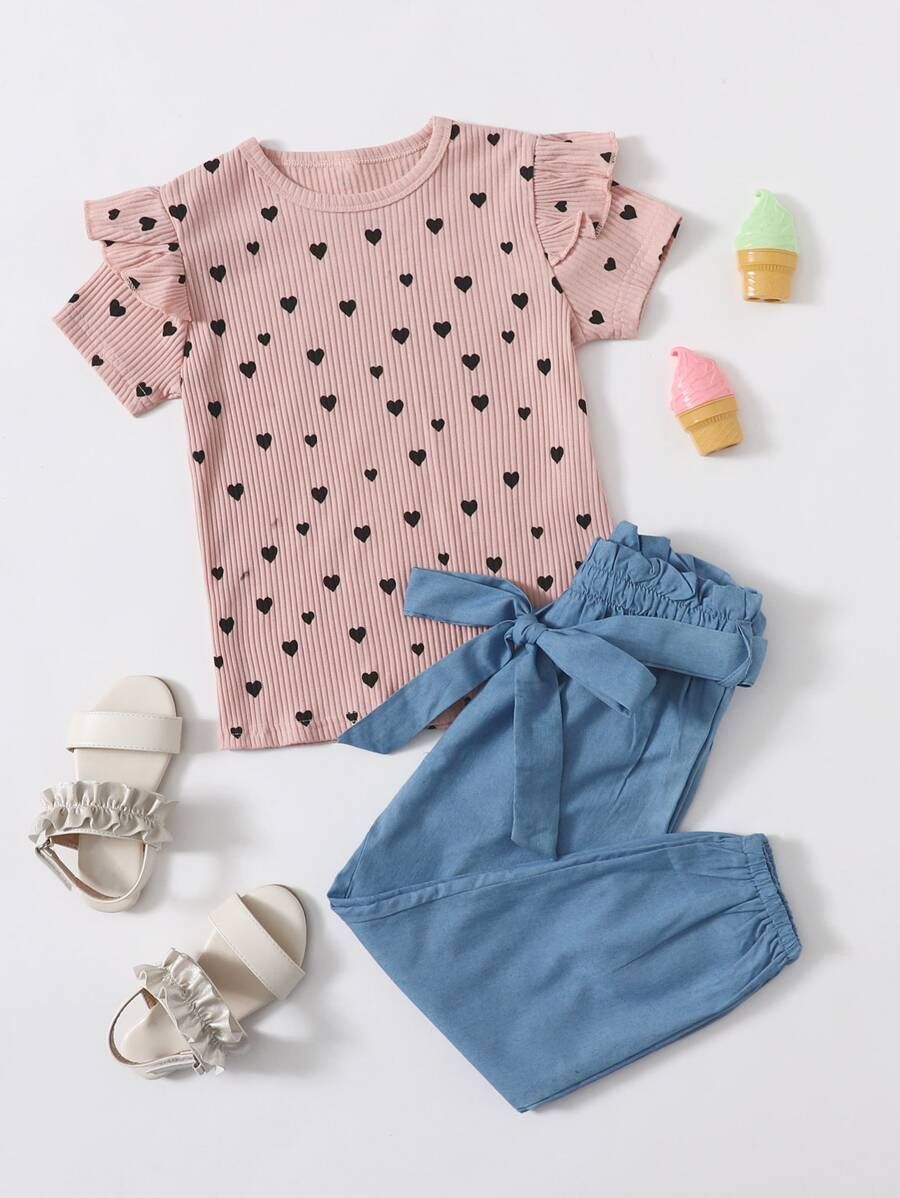 Toddler Girls Heart Print Tee & Belted Pants | SHEIN