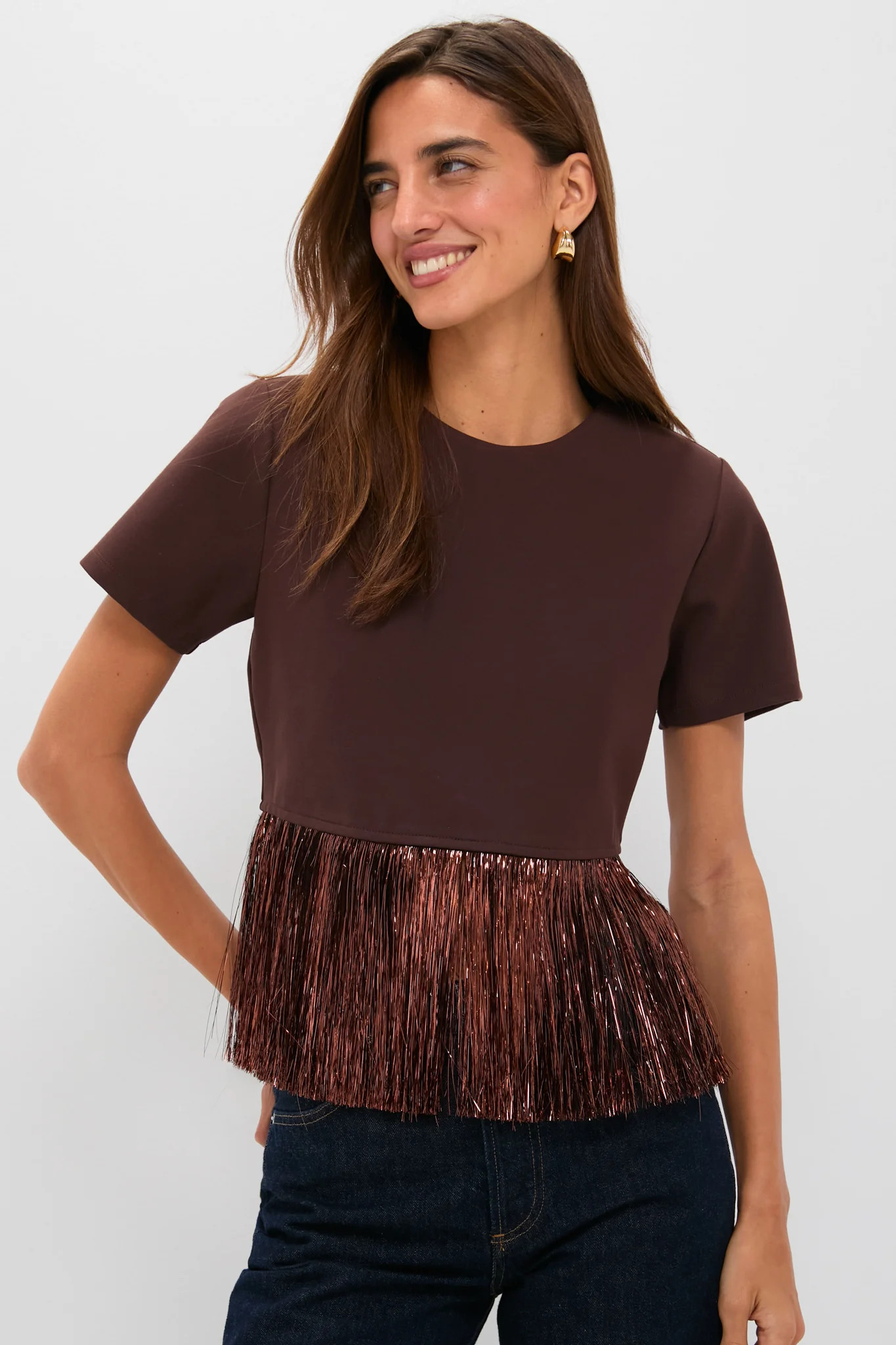 Bronze Metallic Fringe Francie Short Sleeve Blouse | Tuckernuck (US)