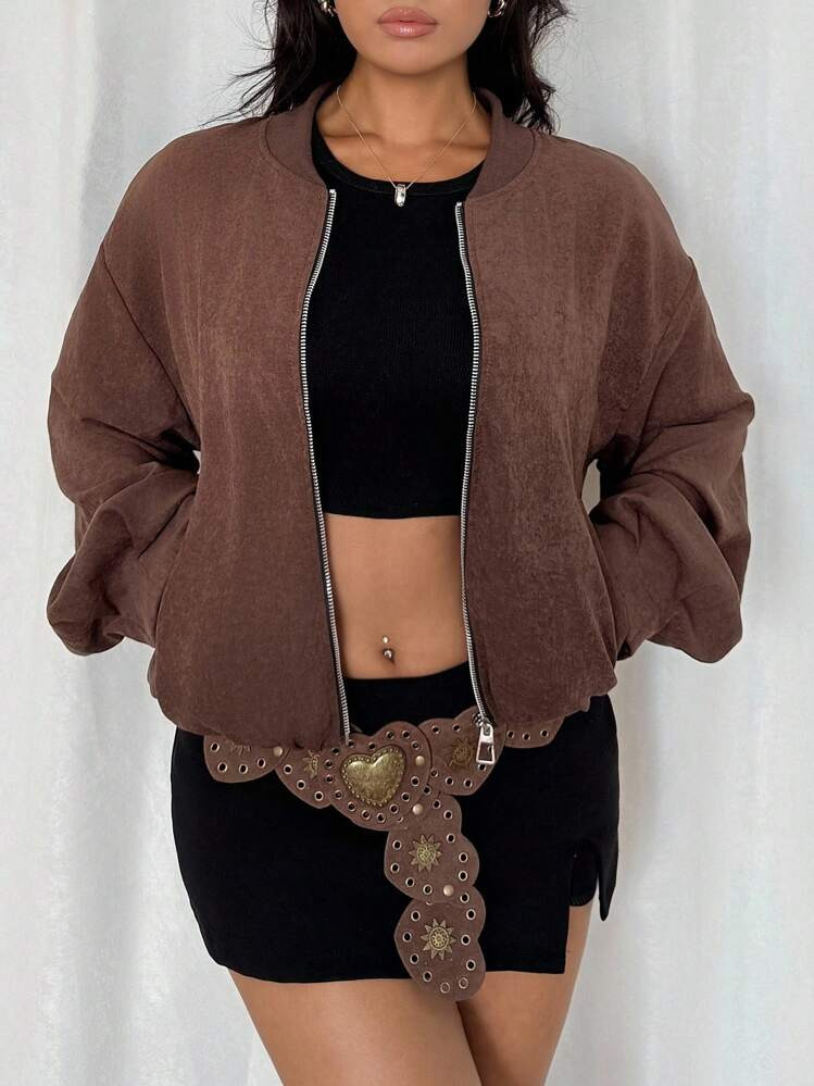 Islaluna Dames Casual Jack Met Rits En Lange Mouwen, Herfst | SHEIN