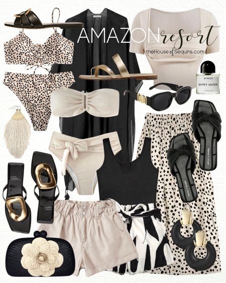 Shop these Amazon Vacation Outfit and Resortwear finds! Beach travel outfit, bikini, maxi skirt, swimsuit coverup, romper, paperboard shorts, Jeffrey Campbell Linques sandals, Manolo Blahnik Susa sandals, Veronica Beard Madeira sandals, straw clutch woven bag, and more!

