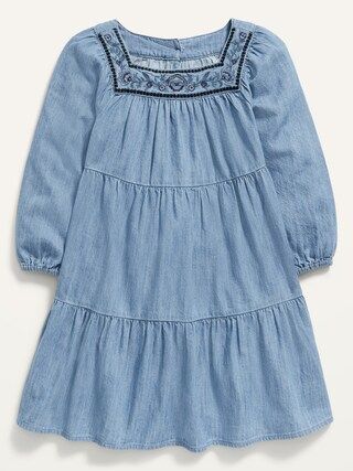 Embroidered Square-Neck Tiered Chambray Dress for Toddler Girls | Old Navy (US)