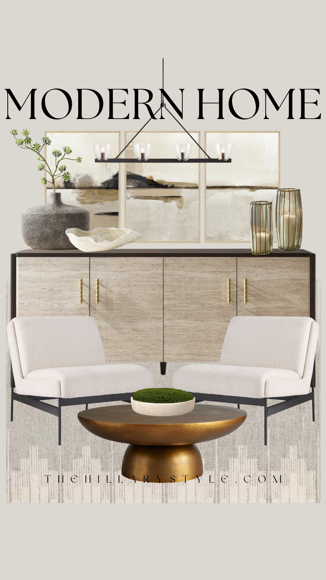 Modern Organic Home Decor Inspiration
Revamp your living space with this curated mix of modern home decor and organic textures. This sophisticated sitting room balances clean lines and cozy elements for an effortlessly stylish look. Start with a foundation of texture using bouclé chairs and a travertine-look sideboard, adding interest with a triptych of abstract art. Complete the space with a focal brass coffee table, a geometric rug, and a striking modern chandelier. These home design ideas create a cozy minimalist sanctuary in any modern home. Save this post for inspiration for your next home renovation or interior styling project! Pottery Barn, Arhaus, Wayfair, CB2, Anthropologie, West Elm, Target. 

 #TheHillaryStyle #OrganicModern #NeutralHomeDecor #BoucleChair #HomeDesignIdeas #LivingRoomInspo #ModernHome #MinimalistDesign #InteriorStyling #DecorTrends #HomeDecorCrush #SophisticatedStyle #HomeInspiration #InteriorDecorating 

#LTKSeasonal #LTKHome