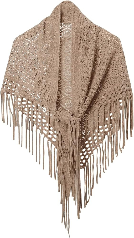 Verdusa Women's Fringe Shrug Sweaters Shawl Front Warp Cardigan Hollow Out Knitted Shawl Wraps | Amazon (US)