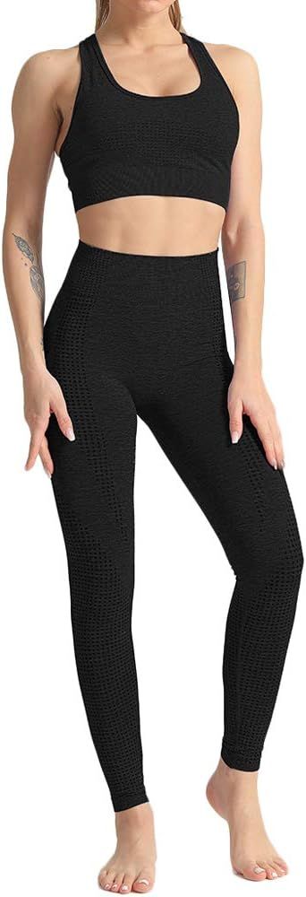 WodoWei Women 2 Piece Workout Outfits Sports Bra Seamless Leggings Yoga Gym Activewear Set | Amazon (US)