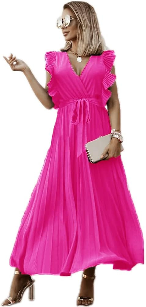 Paintcolors Women's Summer Wrap V Neck Ruffle Elegant Belted Pleated Flounce Long Sleeve Long Max... | Amazon (US)