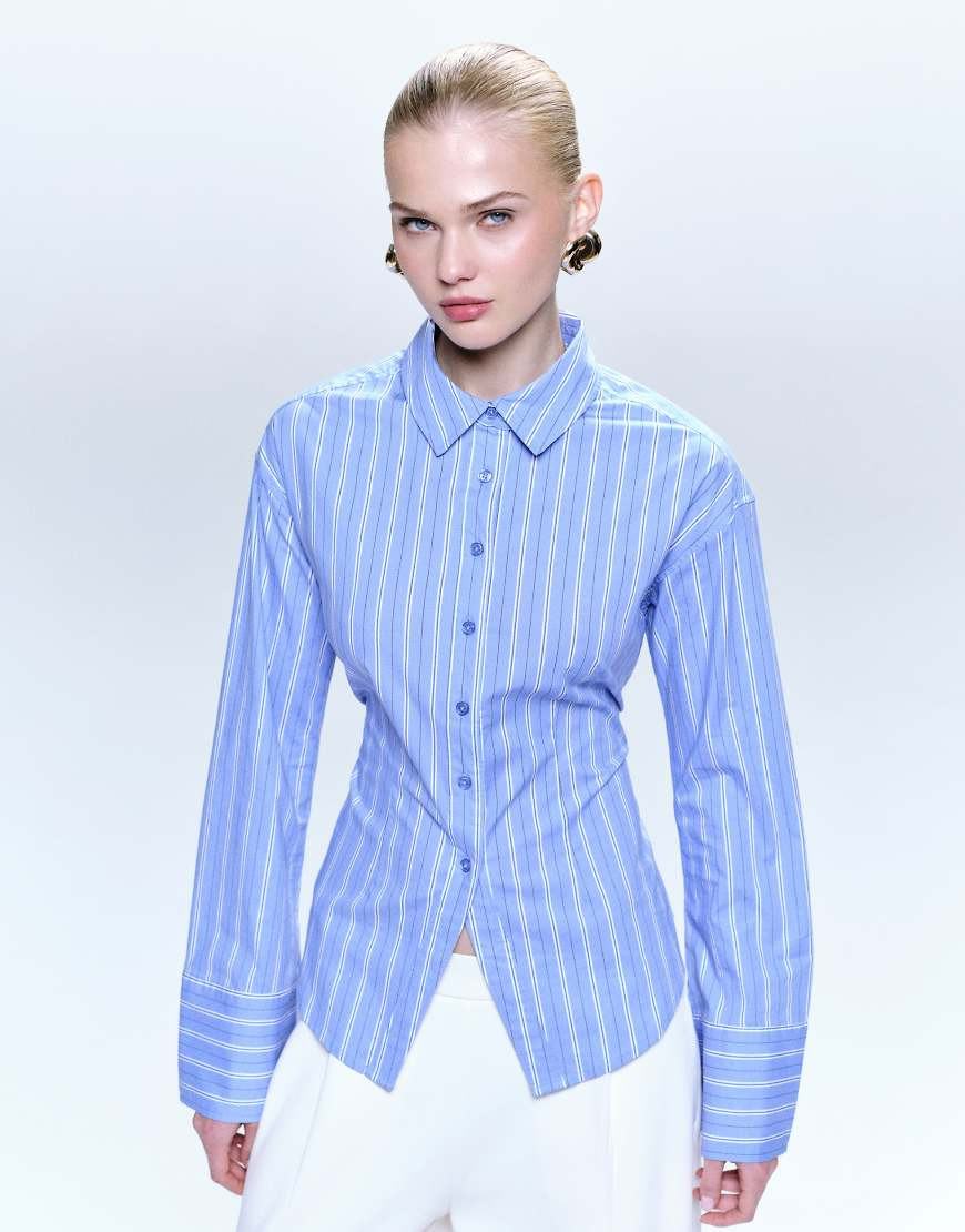 Gina Tricot cinched waist shirt in blue and white stripe | ASOS (Global)