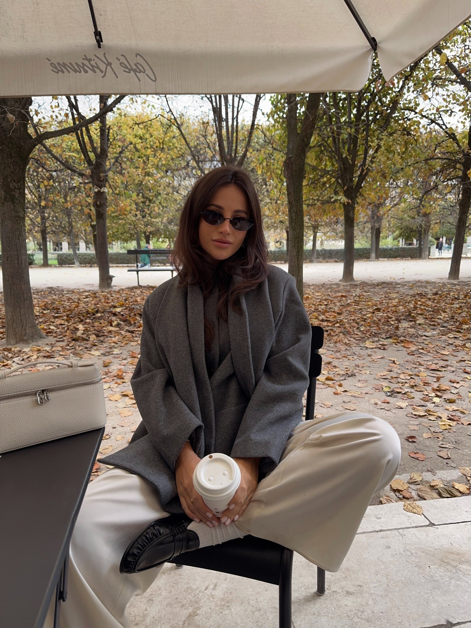 Grey scarf coat, satin trousers, black loafers 

#LTKautumn #LTKeurope #LTKuk