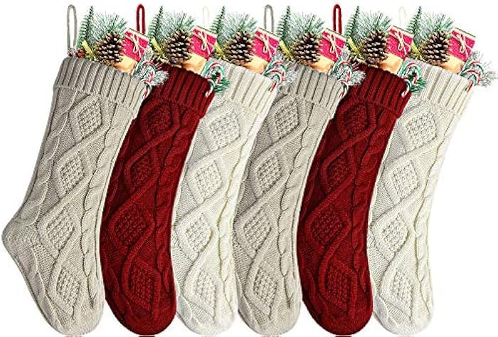 Kunyida 18 Inches Burgundy, Ivory, Khaki Knitted Christmas Stockings,6 Pack | Amazon (US)