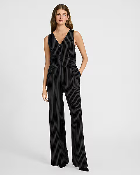 Pinstripe Tailored Vest Wide Leg Jumpsuit with Pockets | Express