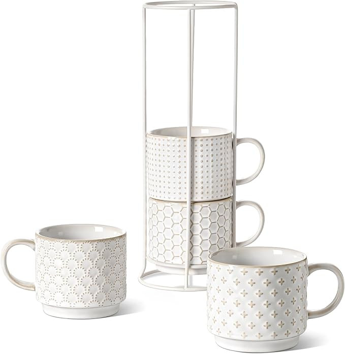 LE TAUCI Stackable Coffee Mugs Set with Stand, Ceramic Embossment Coffee Cups for Au Lait, Cappuc... | Amazon (US)